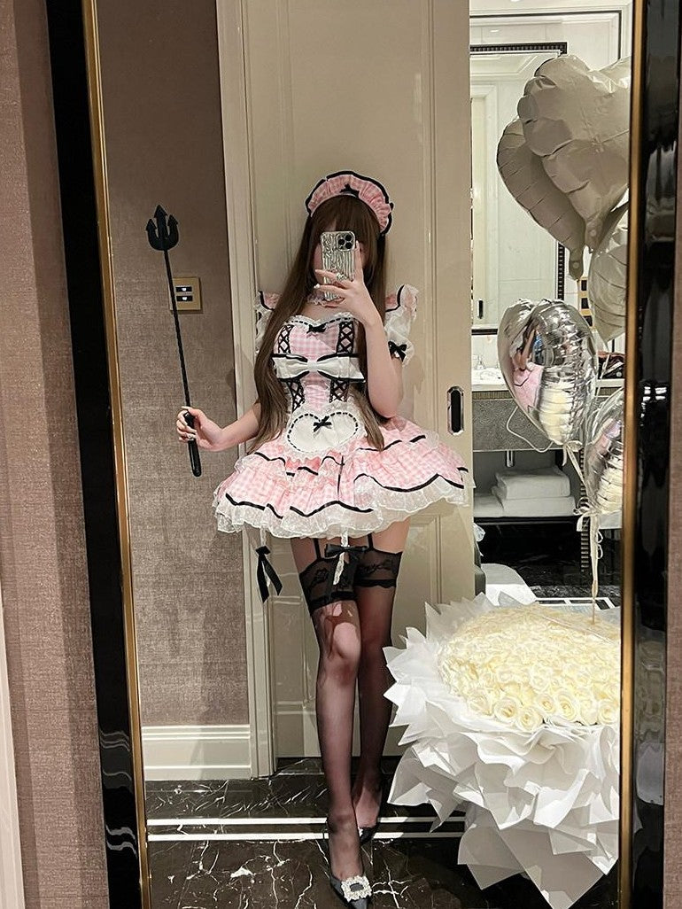 Diamond Sweetheart Girly Plaid Maid Apron Cute Sweet Women's Other Material Short Sleeve Op