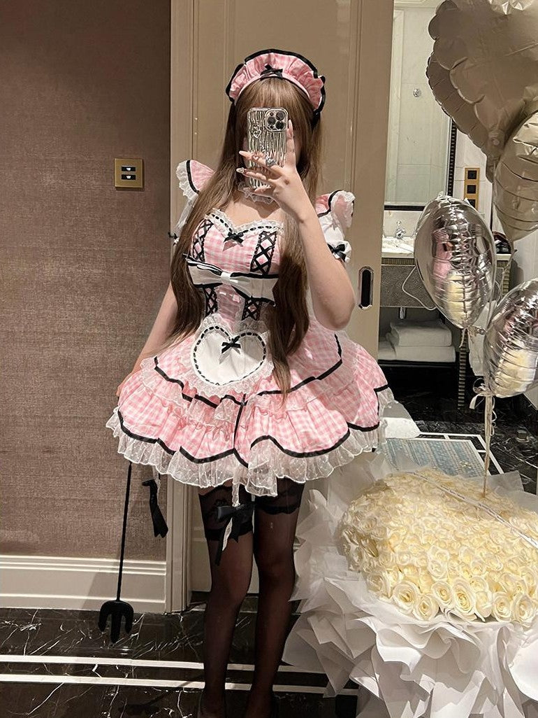 Diamond Sweetheart Girly Plaid Maid Apron Cute Sweet Women's Other Material Short Sleeve Op