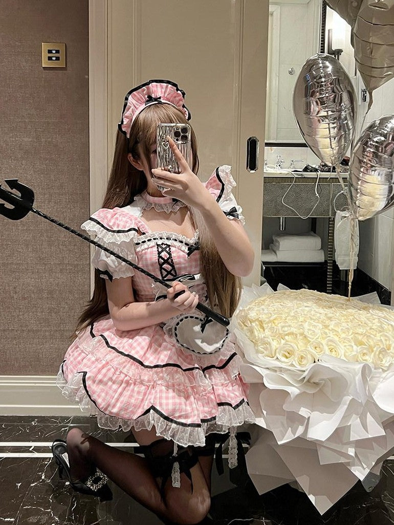 Diamond Sweetheart Girly Plaid Maid Apron Cute Sweet Women's Other Material Short Sleeve Op