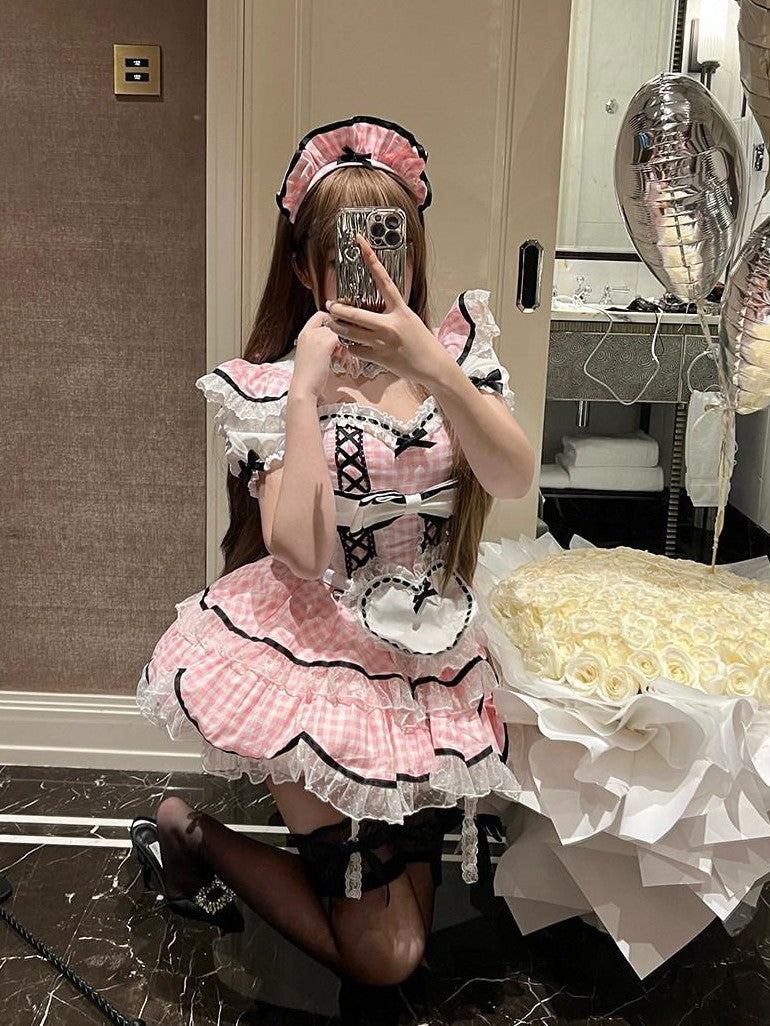 Diamond Sweetheart Girly Plaid Maid Apron Cute Sweet Women's Other Material Short Sleeve Op