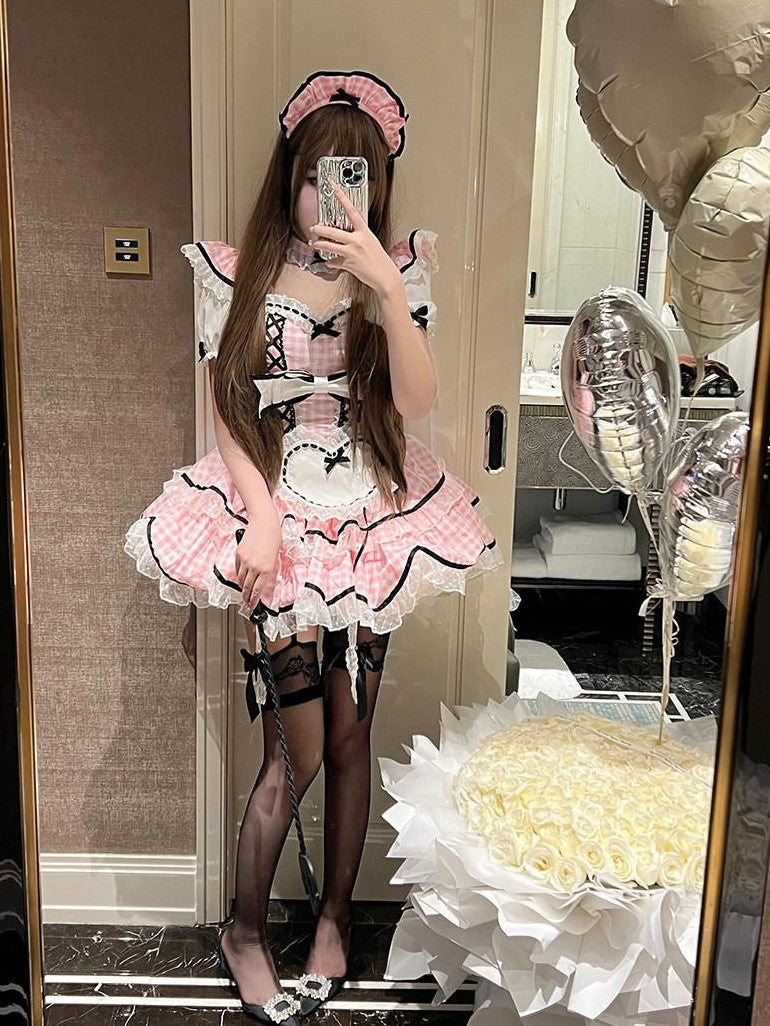 Diamond Sweetheart Girly Plaid Maid Apron Cute Sweet Women's Other Material Short Sleeve Op