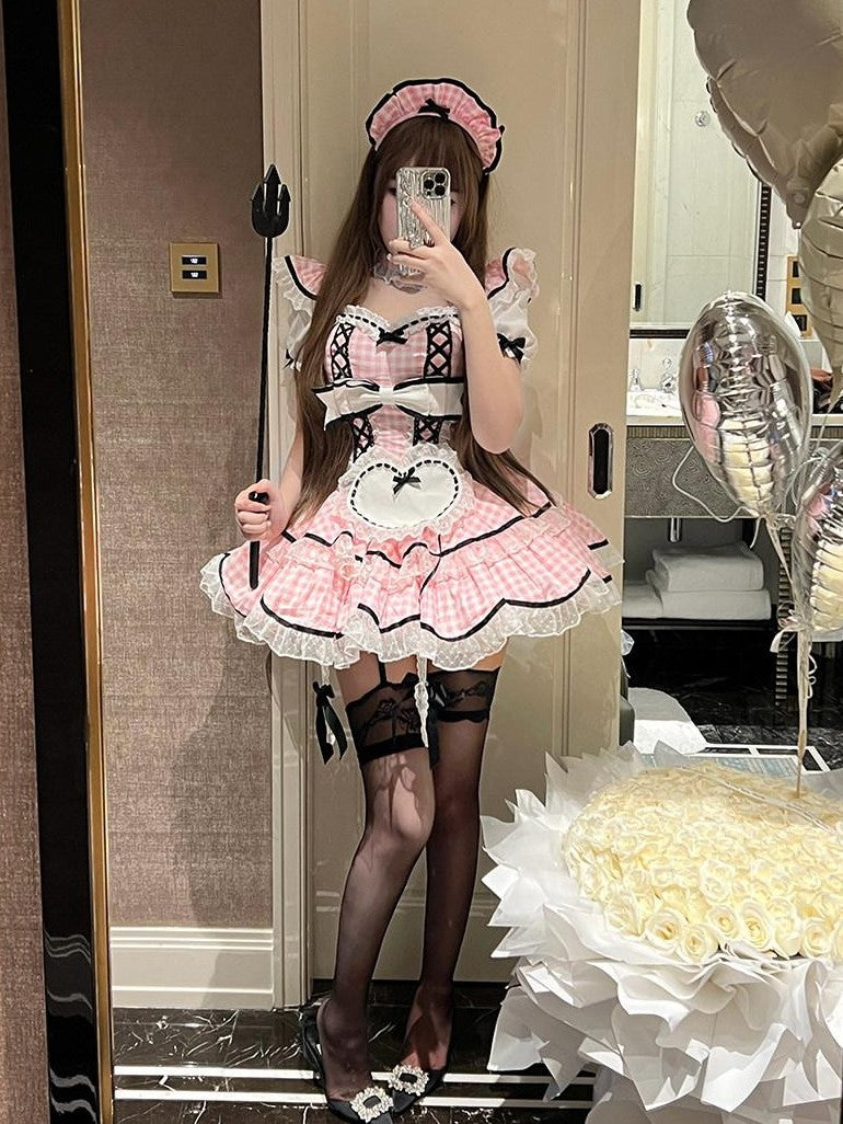 Diamond Sweetheart Girly Plaid Maid Apron Cute Sweet Women's Other Material Short Sleeve Op