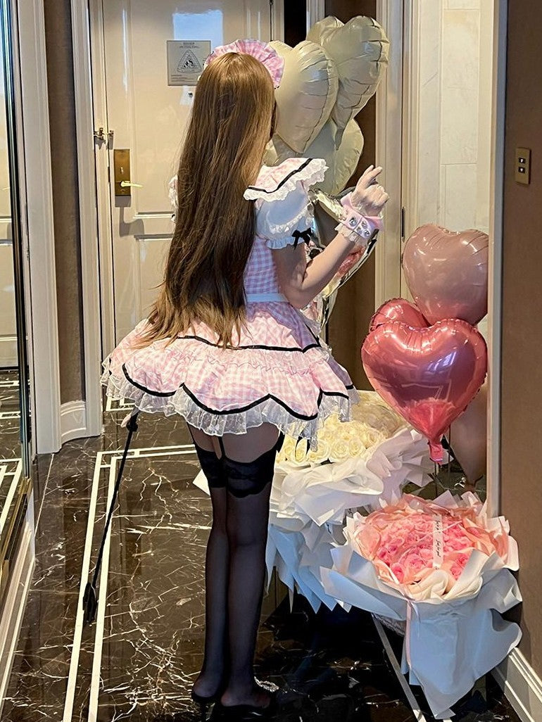 Diamond Sweetheart Girly Plaid Maid Apron Cute Sweet Women's Other Material Short Sleeve Op