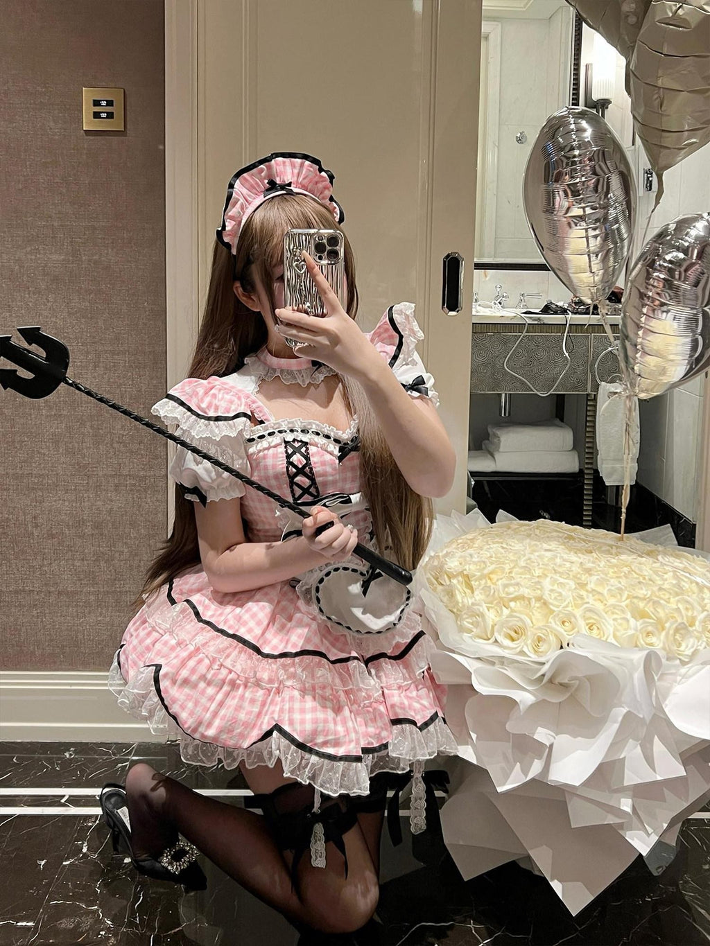 Diamond Sweetheart Girly Plaid Maid Apron Cute Sweet Women's Other Material Short Sleeve Op