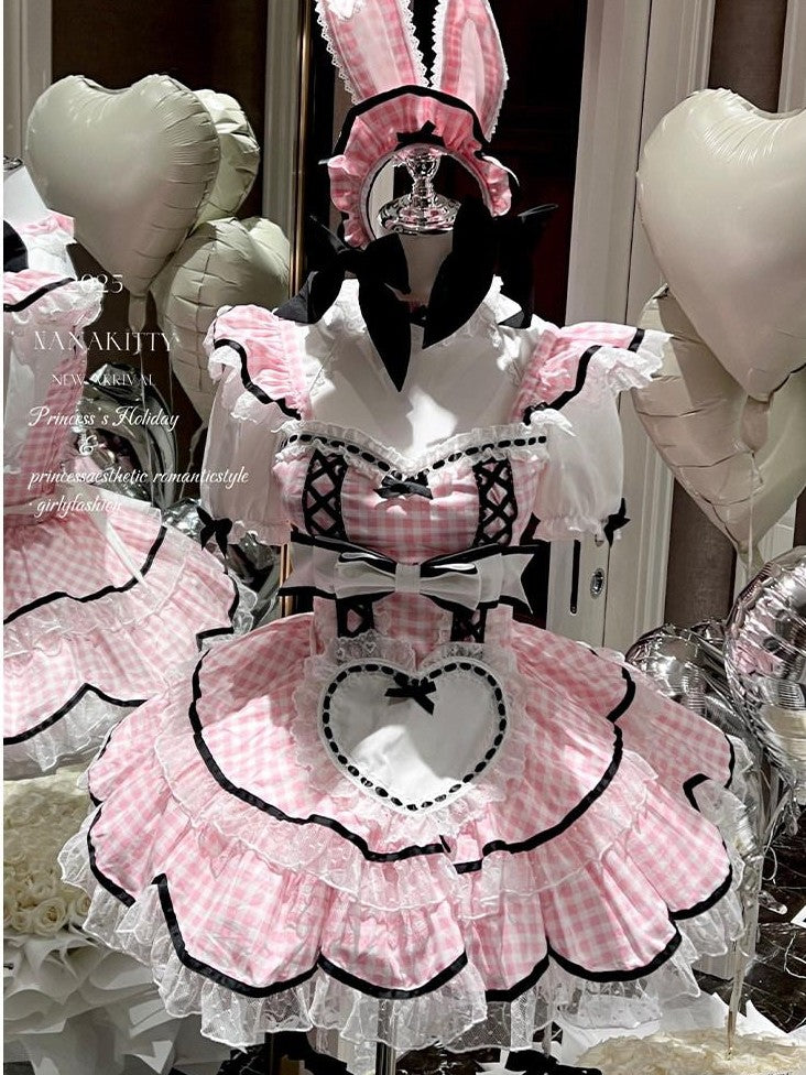 Diamond Sweetheart Girly Plaid Maid Apron Cute Sweet Women's Other Material Short Sleeve Op