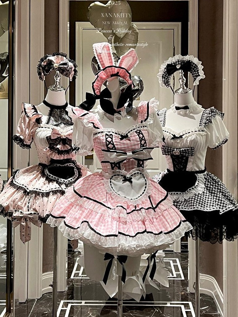 Diamond Sweetheart Girly Plaid Maid Apron Cute Sweet Women's Other Material Short Sleeve Op