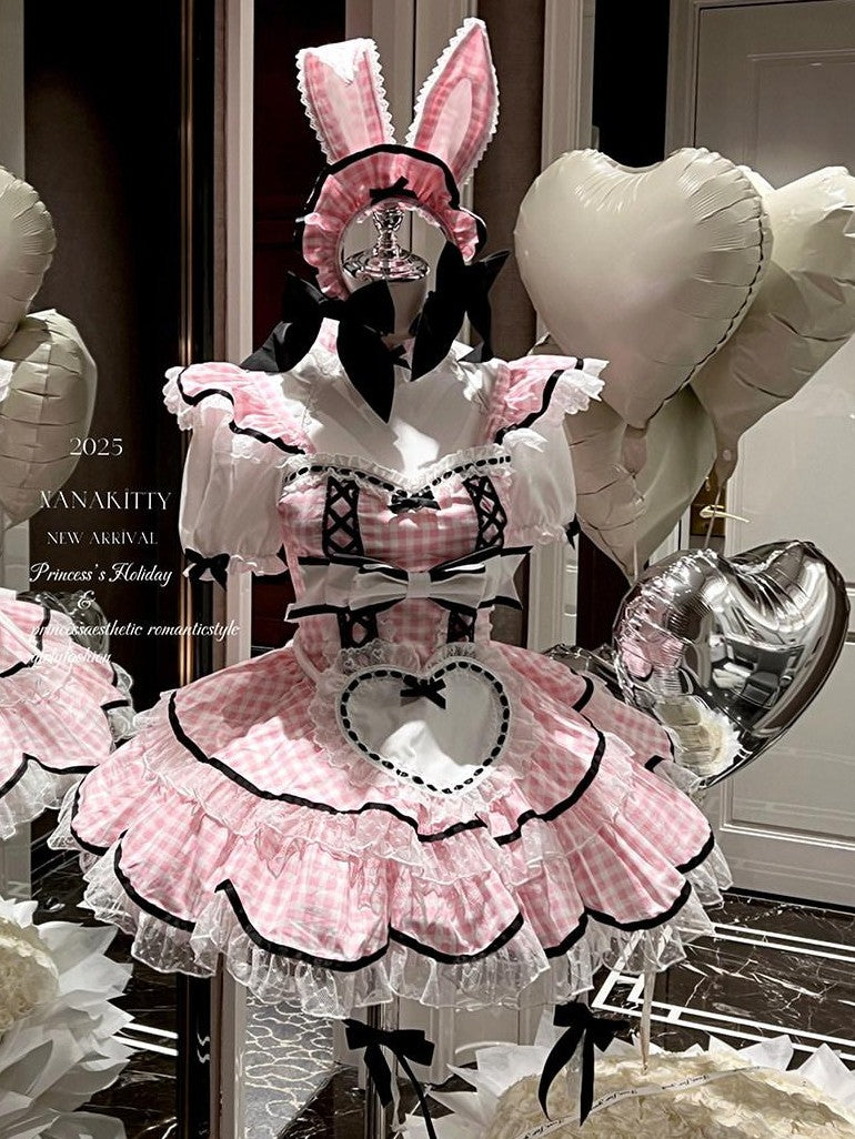 Diamond Sweetheart Girly Plaid Maid Apron Cute Sweet Women's Other Material Short Sleeve Op