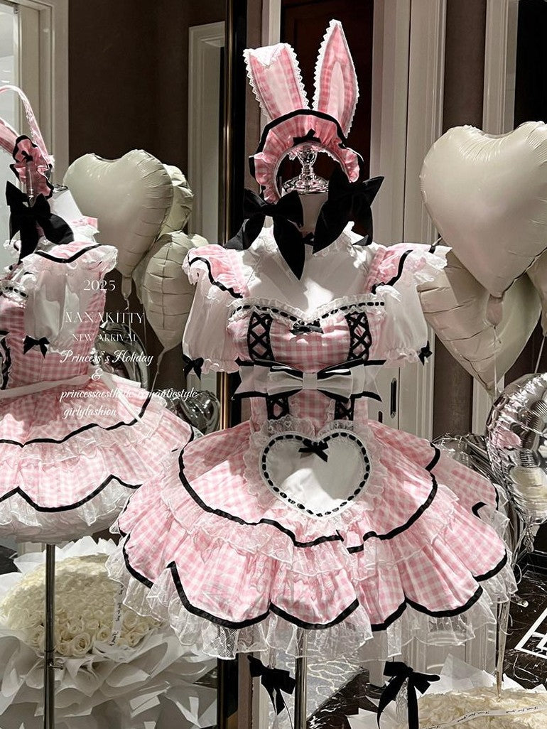 Diamond Sweetheart Girly Plaid Maid Apron Cute Sweet Women's Other Material Short Sleeve Op