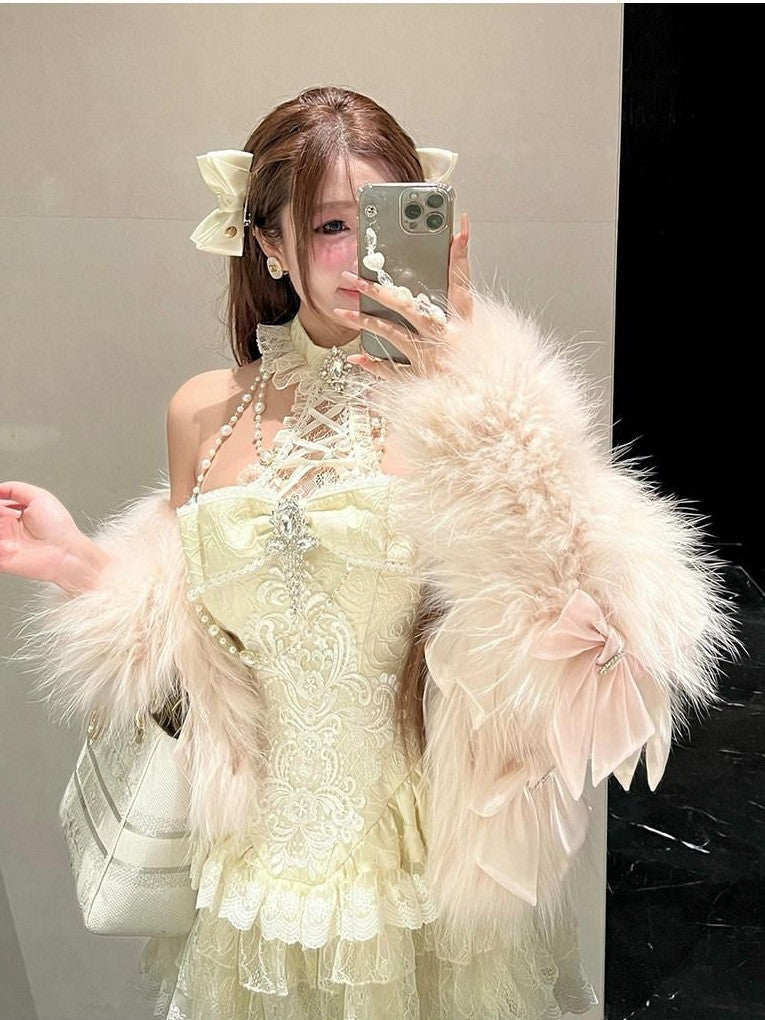 Diamond Sweetheart Lace Rose Heavy Embroidery Halter Bow Train Women's Jsk / Jumper Skirts
