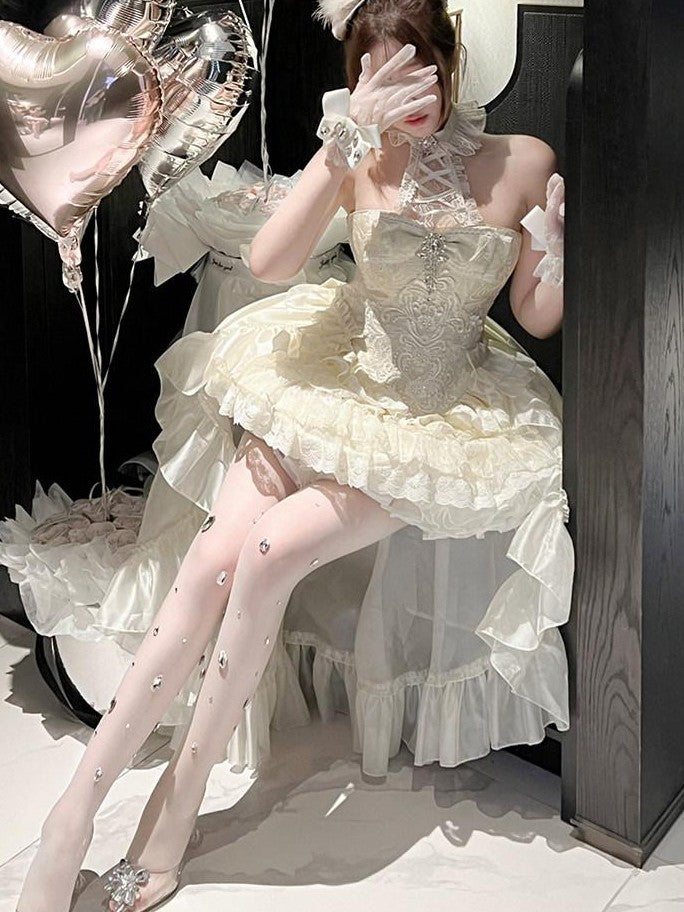 Diamond Sweetheart Lace Rose Heavy Embroidery Halter Bow Train Women's Jsk / Jumper Skirts