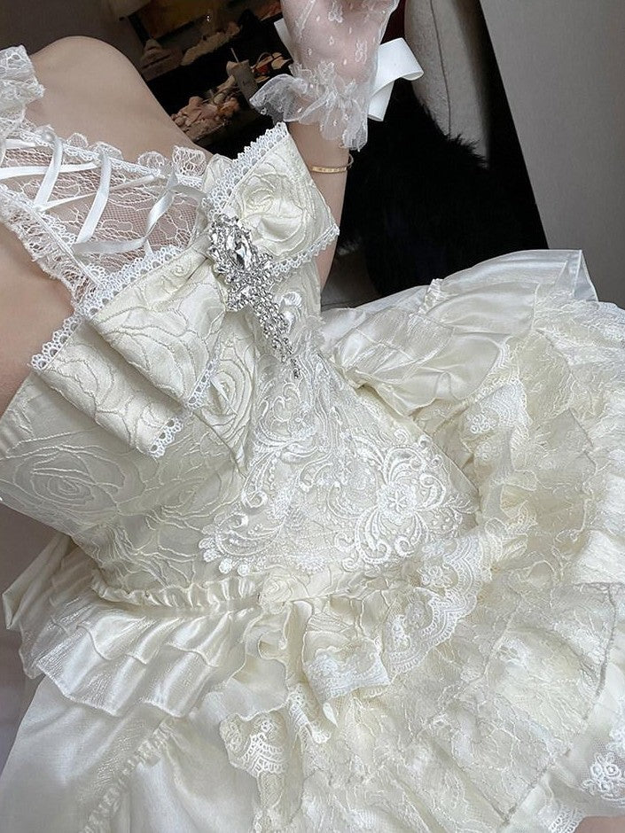 Diamond Sweetheart Lace Rose Heavy Embroidery Halter Bow Train Women's Jsk / Jumper Skirts