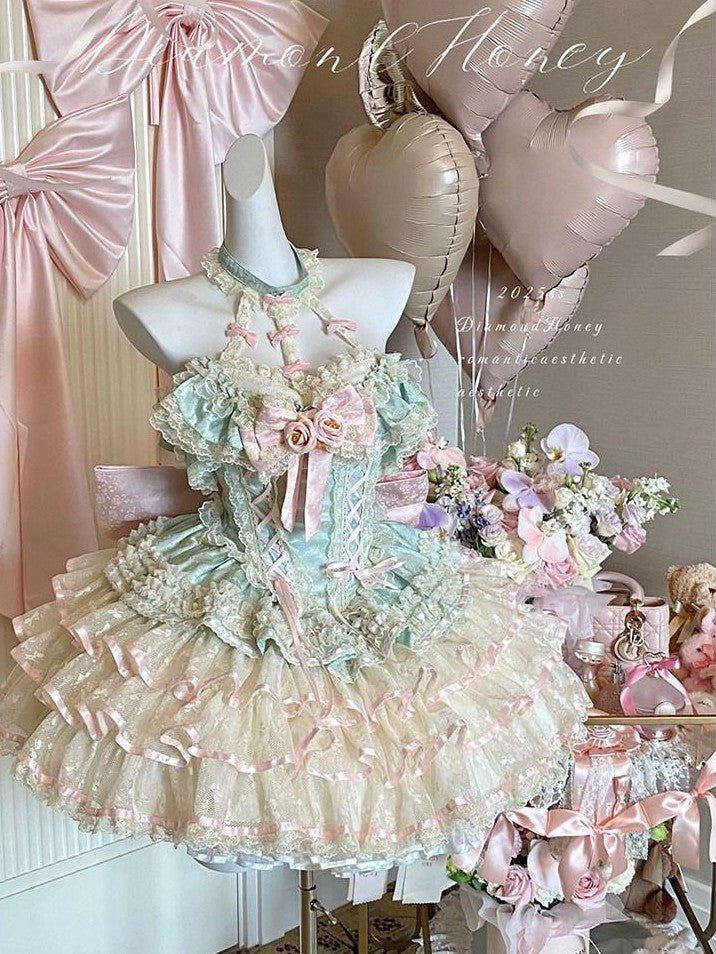 Diamond Sweetheart Mint Blush Heavy Rose Lace Romantic Princess Women's Jsk / Jumper Skirts