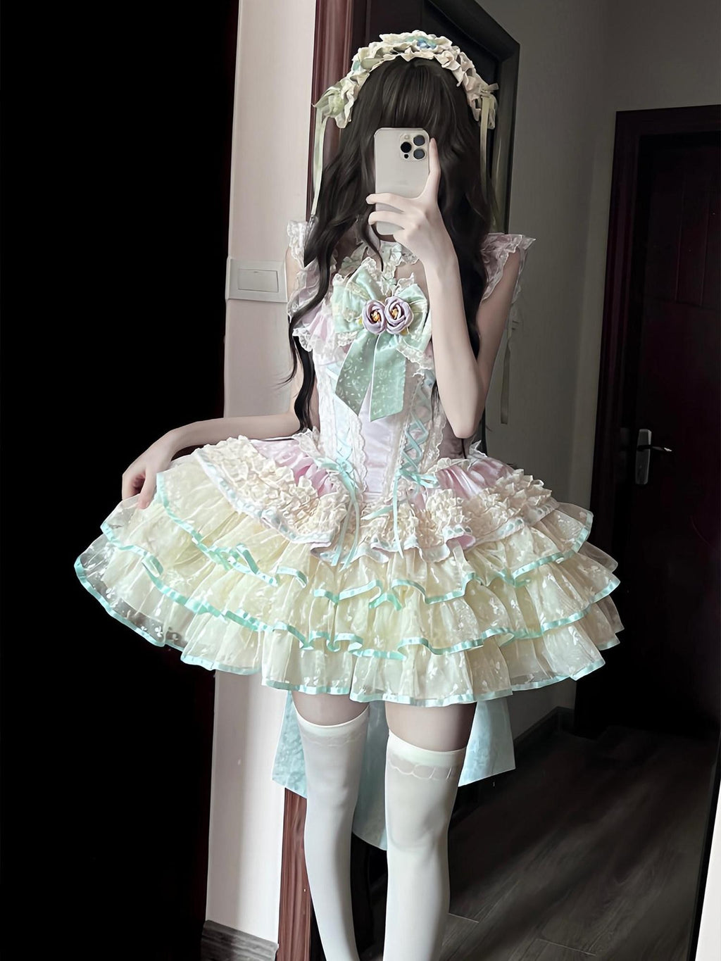 Diamond Sweetheart Mint Purple Blue Floral Print Back Bow Women's Lightweight Jsk / Jumper Skirts