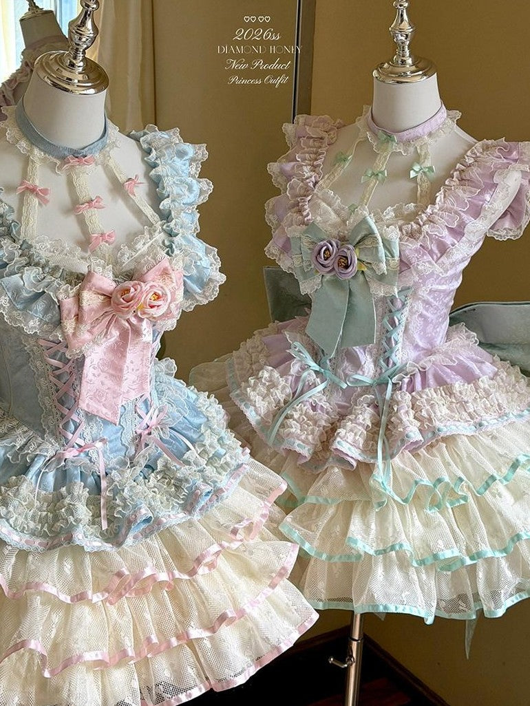 Diamond Sweetheart Mint Purple Blue Floral Print Back Bow Women's Lightweight Jsk / Jumper Skirts