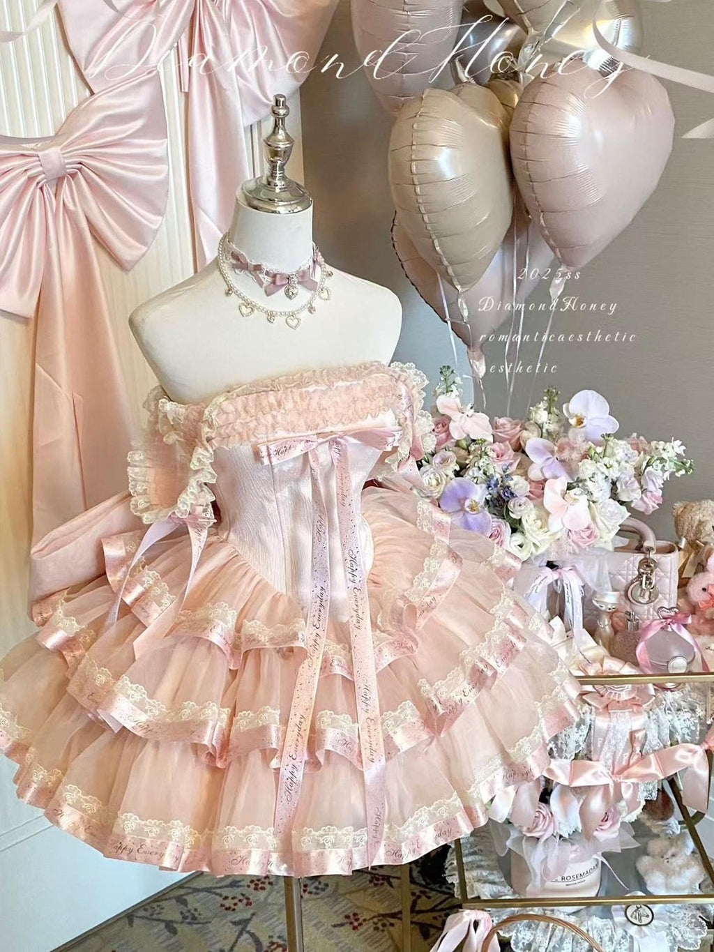 Diamond Sweetheart Pink Back Bow Ribbon Princess Women's Polyester Jsk / Jumper Skirts