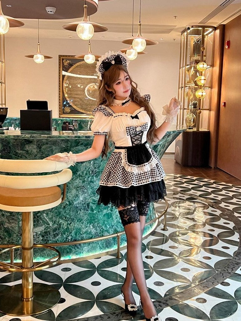 Diamond Sweetheart Puff Sleeve Zipper High Waist Apron Spaghetti Strap Maid Women's Short Sleeve Op