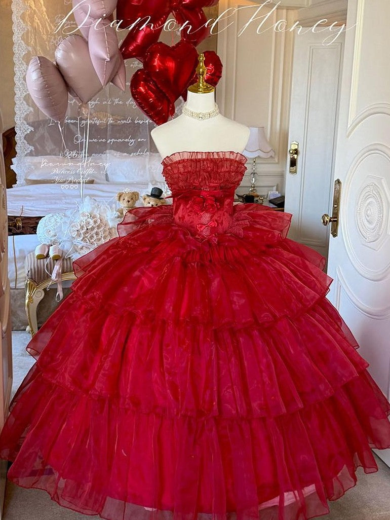 Diamond Sweetheart Red Floral Bridal Slimming Long With Sleeves Women's Jsk / Jumper Skirts