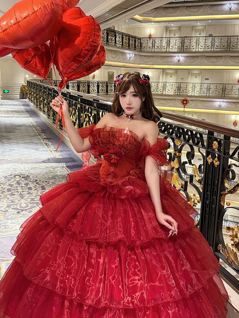 Diamond Sweetheart Red Floral Bridal Slimming Long With Sleeves Women's Jsk / Jumper Skirts