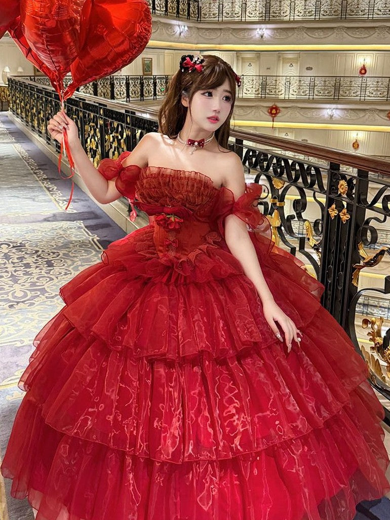 Diamond Sweetheart Red Floral Bridal Slimming Long With Sleeves Women's Jsk / Jumper Skirts