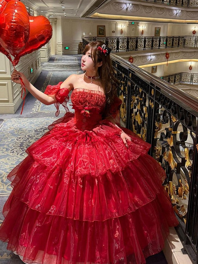 Diamond Sweetheart Red Floral Bridal Slimming Long With Sleeves Women's Jsk / Jumper Skirts