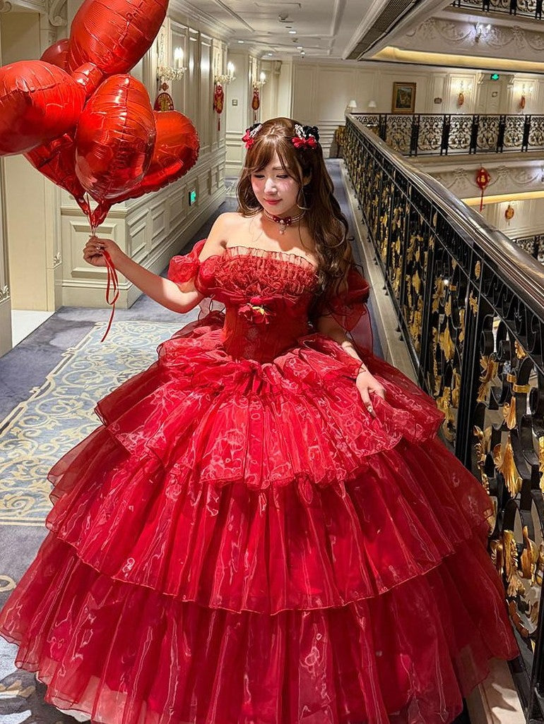 Diamond Sweetheart Red Floral Bridal Slimming Long With Sleeves Women's Jsk / Jumper Skirts