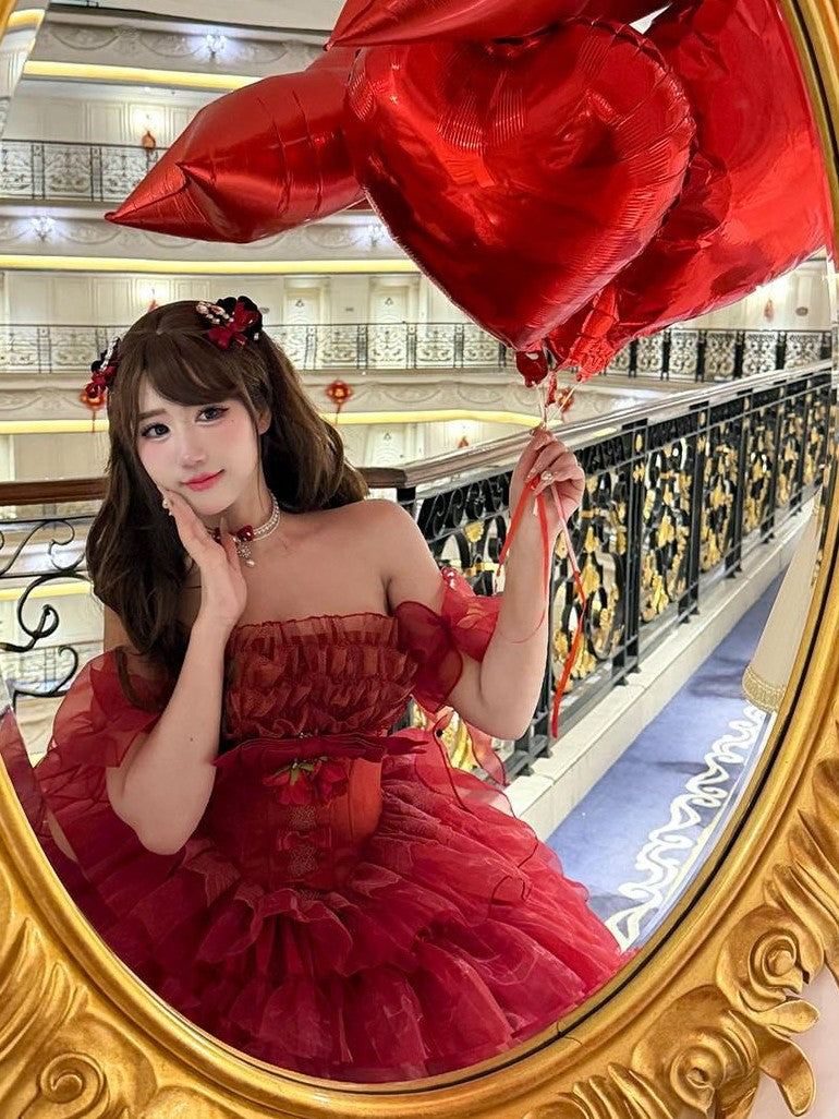 Diamond Sweetheart Red Floral Bridal Slimming Long With Sleeves Women's Jsk / Jumper Skirts