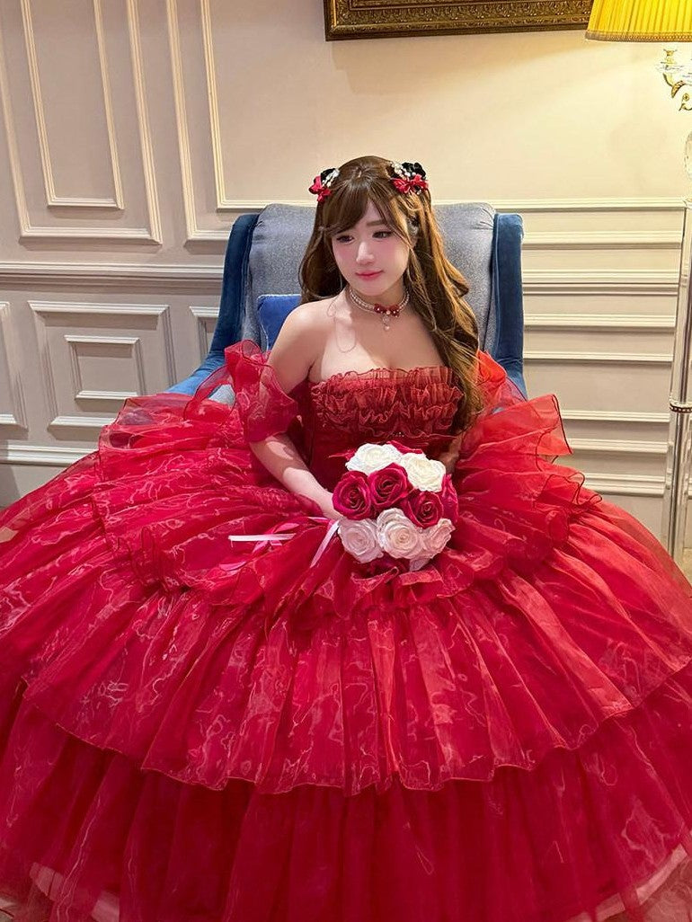Diamond Sweetheart Red Floral Bridal Slimming Long With Sleeves Women's Jsk / Jumper Skirts