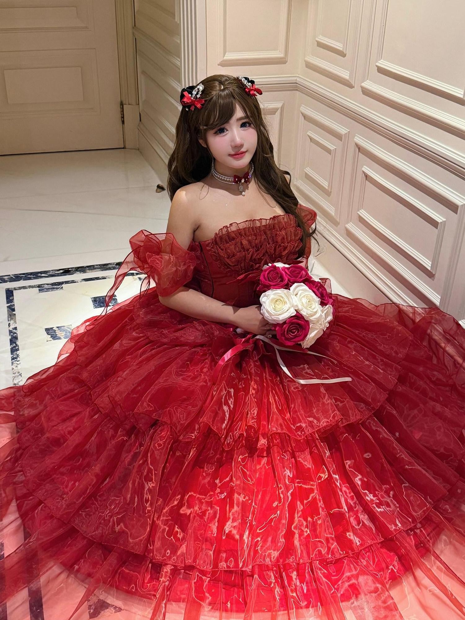 Diamond Sweetheart Red Floral Bridal Slimming Long With Sleeves Women's Jsk / Jumper Skirts
