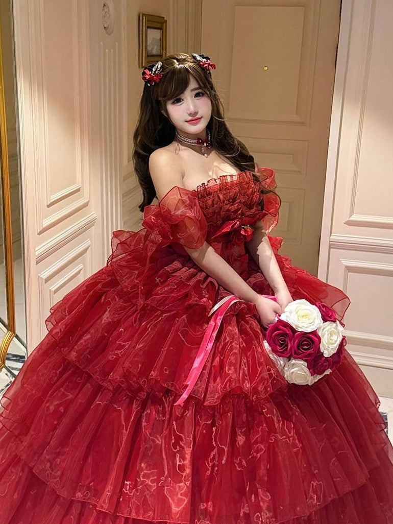 Diamond Sweetheart Red Floral Bridal Slimming Long With Sleeves Women's Jsk / Jumper Skirts