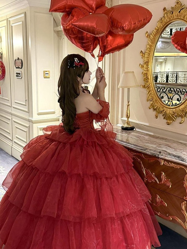 Diamond Sweetheart Red Floral Bridal Slimming Long With Sleeves Women's Jsk / Jumper Skirts