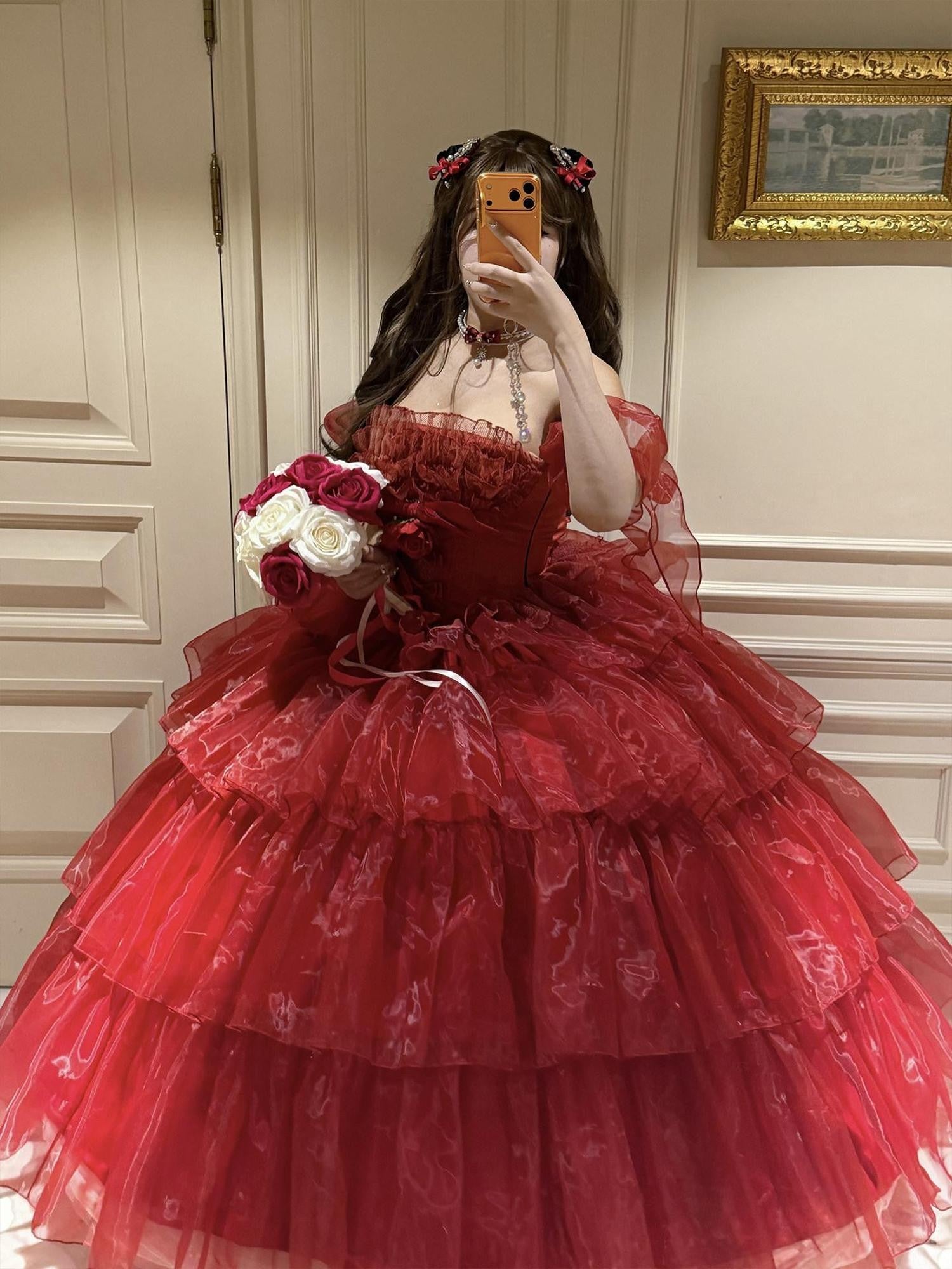 Diamond Sweetheart Red Floral Bridal Slimming Long With Sleeves Women's Jsk / Jumper Skirts