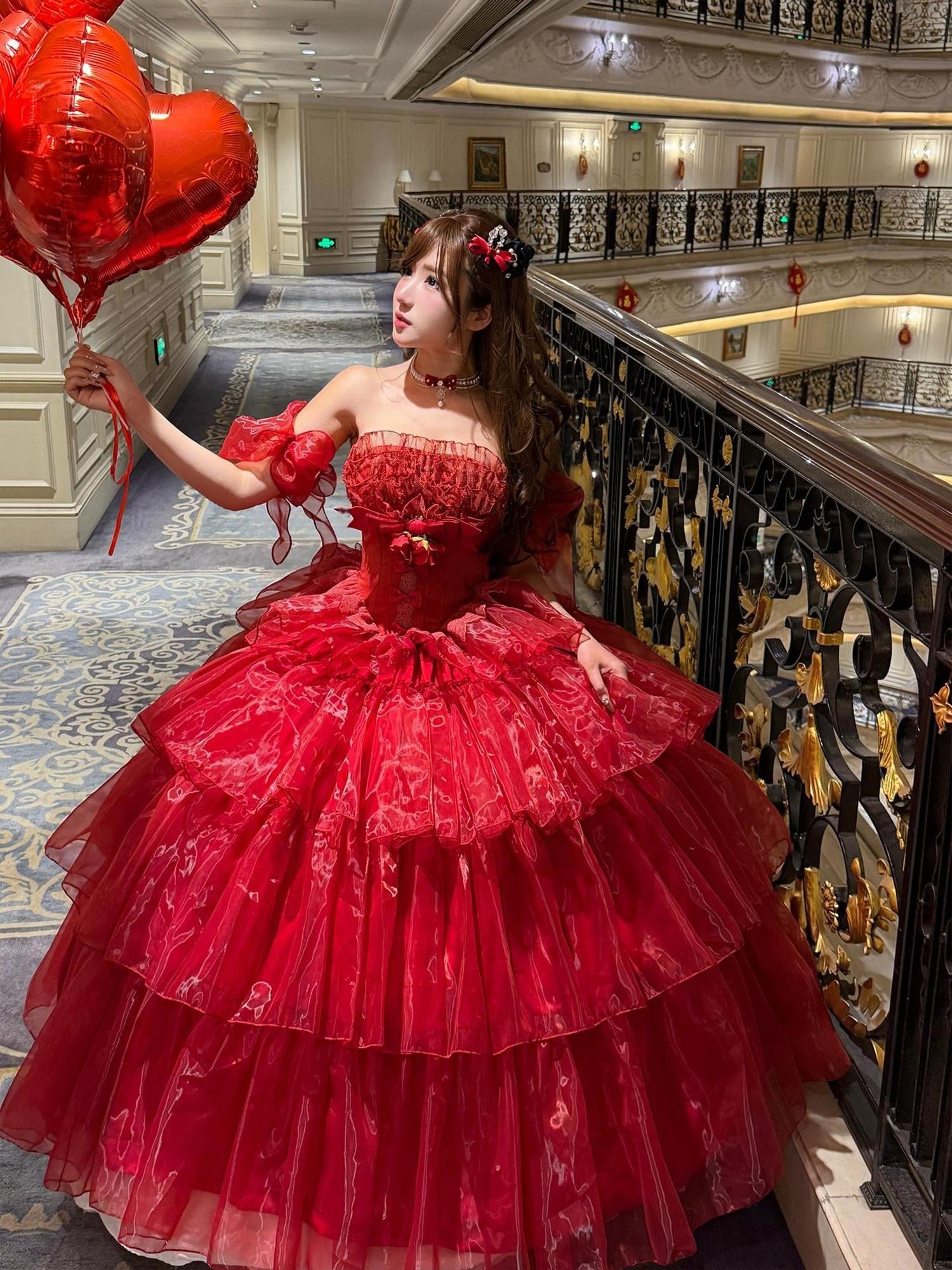 Diamond Sweetheart Red Floral Bridal Slimming Long With Sleeves Women's Jsk / Jumper Skirts