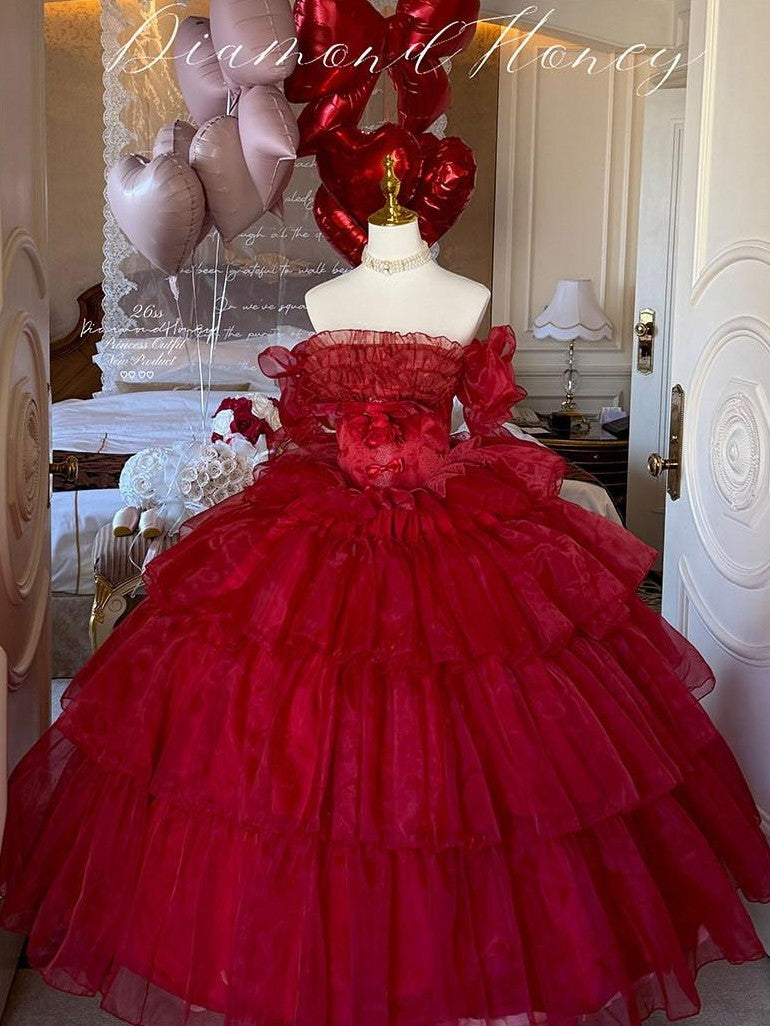 Diamond Sweetheart Red Floral Bridal Slimming Long With Sleeves Women's Jsk / Jumper Skirts