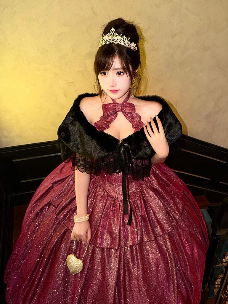 Diamond Sweetheart Red Glitter Back Bow Korean Women's Layered Jsk / Jumper Skirts