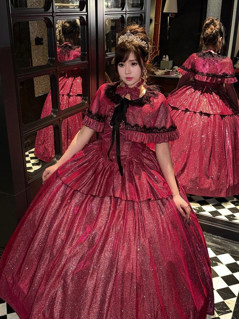 Diamond Sweetheart Red Glitter Back Bow Korean Women's Layered Jsk / Jumper Skirts