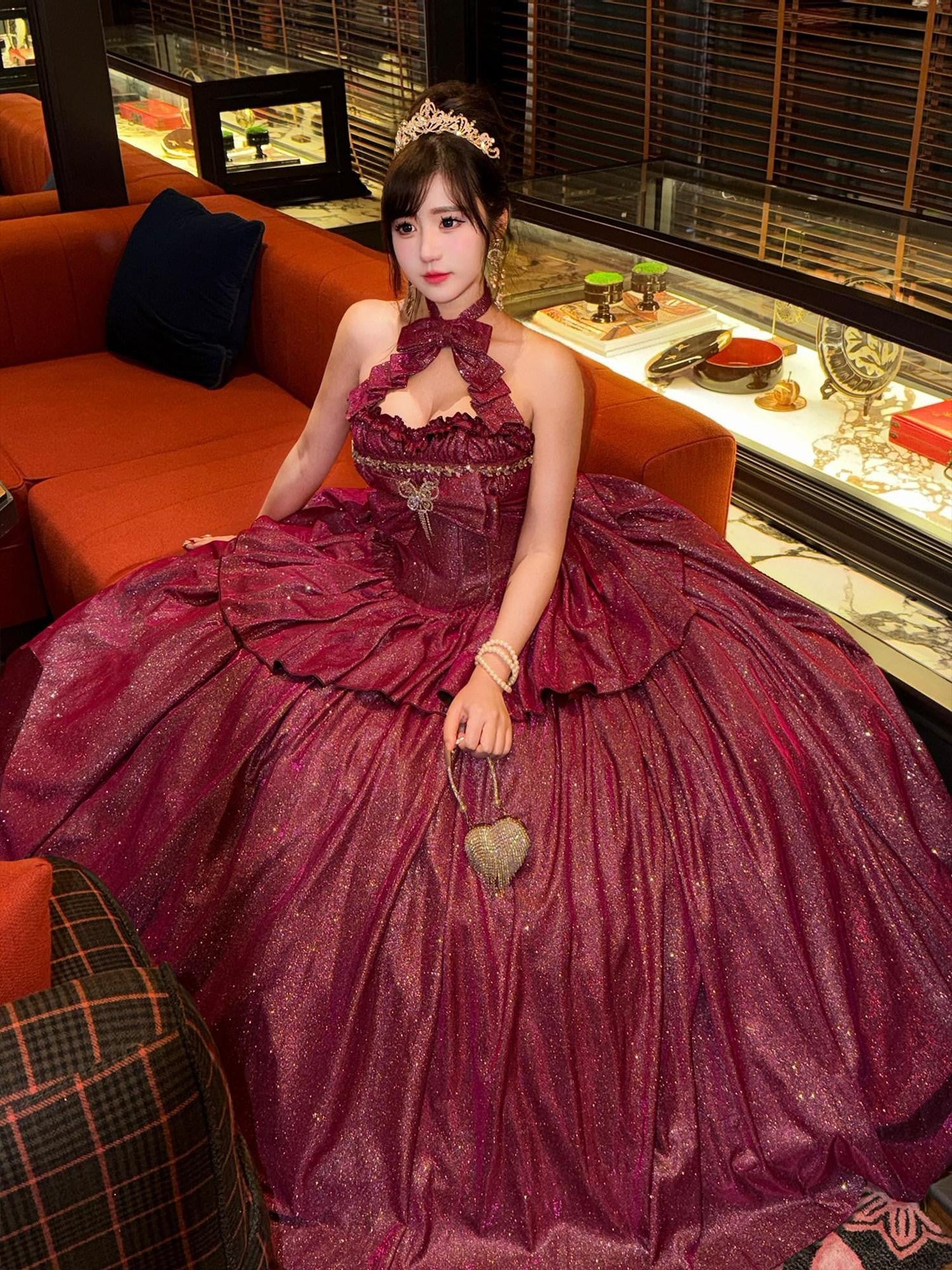 Diamond Sweetheart Red Glitter Back Bow Korean Women's Layered Jsk / Jumper Skirts
