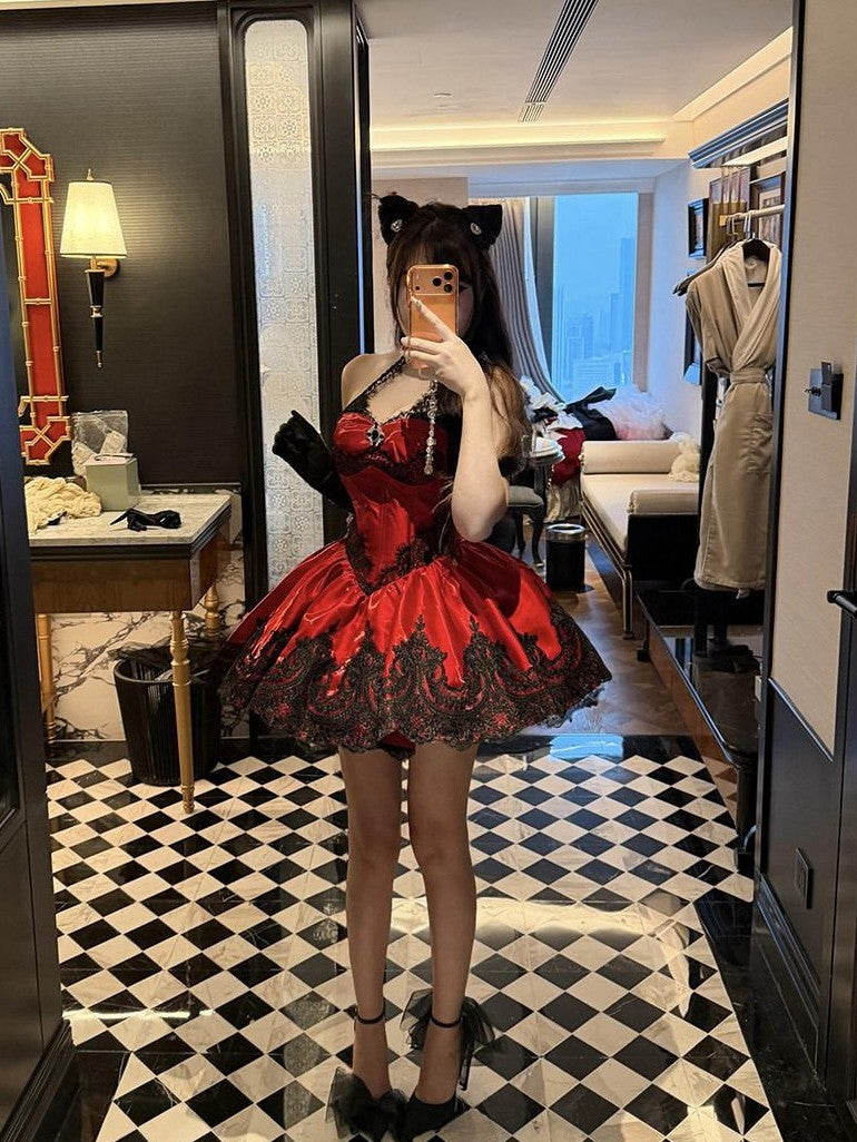 Diamond Sweetheart Red Lace Cat Embroidery Ballet Women's Other Fabric Jsk / Jumper Skirts