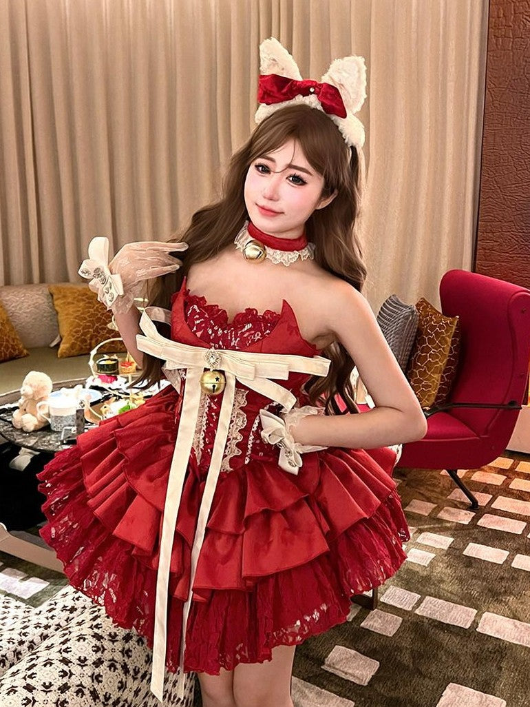 Diamond Sweetheart Red Strapless Zipper Bow Bell Halter Women's Tulle Jsk / Jumper Skirts