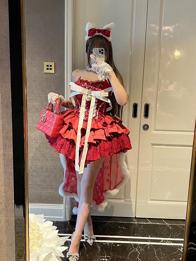 Diamond Sweetheart Red Strapless Zipper Bow Bell Halter Women's Tulle Jsk / Jumper Skirts