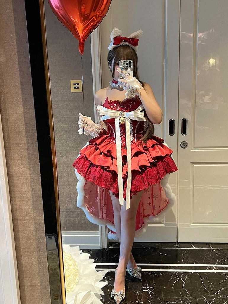 Diamond Sweetheart Red Strapless Zipper Bow Bell Halter Women's Tulle Jsk / Jumper Skirts