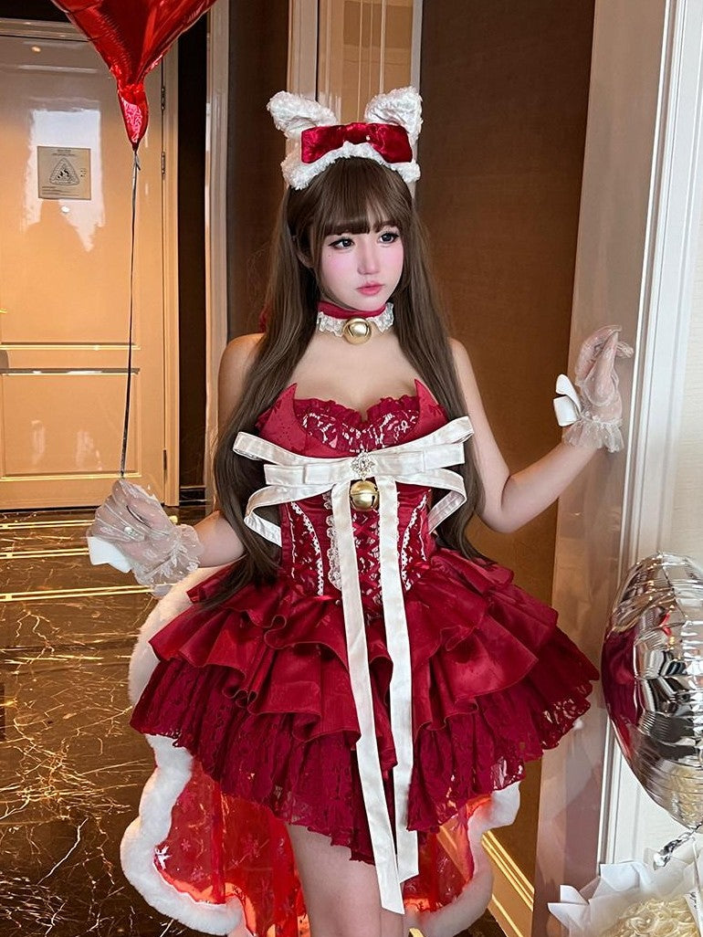 Diamond Sweetheart Red Strapless Zipper Bow Bell Halter Women's Tulle Jsk / Jumper Skirts