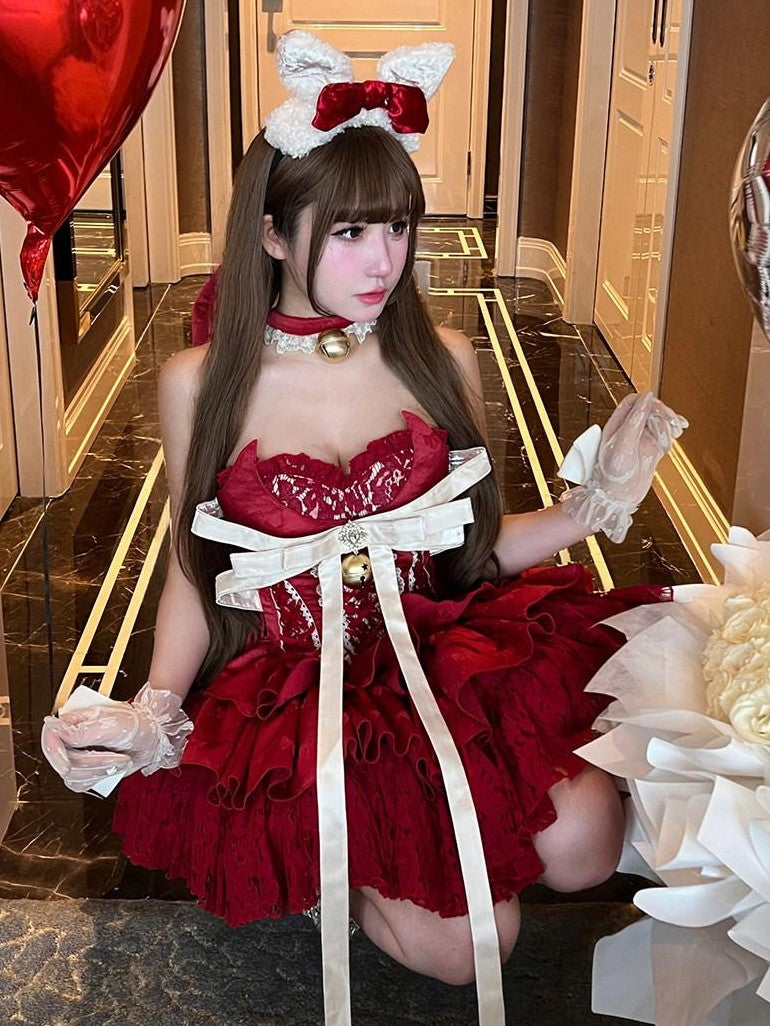 Diamond Sweetheart Red Strapless Zipper Bow Bell Halter Women's Tulle Jsk / Jumper Skirts