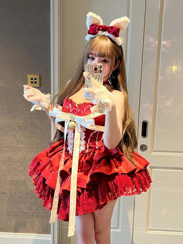 Diamond Sweetheart Red Strapless Zipper Bow Bell Halter Women's Tulle Jsk / Jumper Skirts