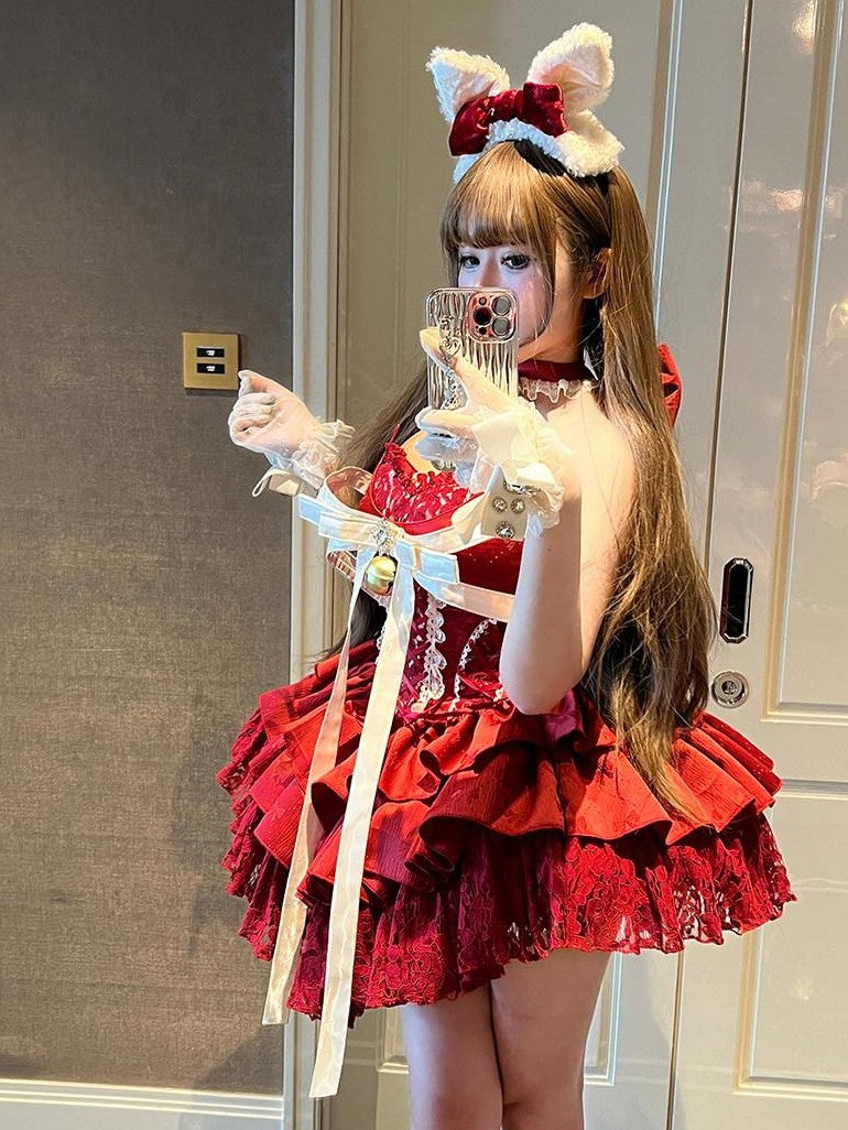 Diamond Sweetheart Red Strapless Zipper Bow Bell Halter Women's Tulle Jsk / Jumper Skirts