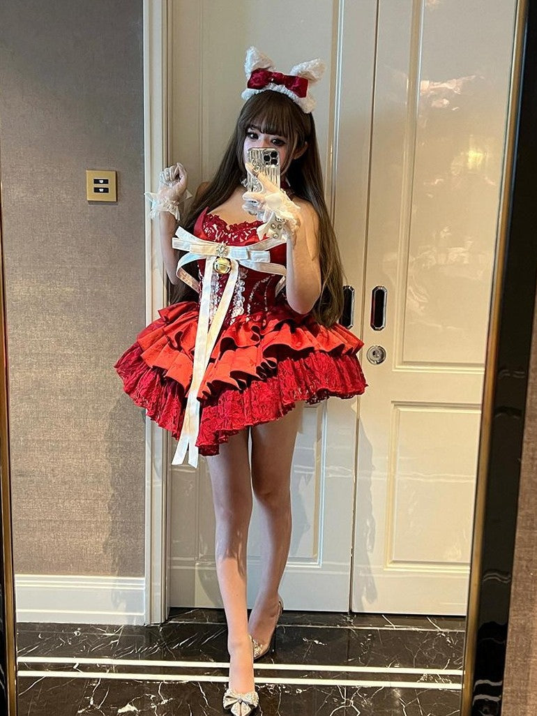 Diamond Sweetheart Red Strapless Zipper Bow Bell Halter Women's Tulle Jsk / Jumper Skirts