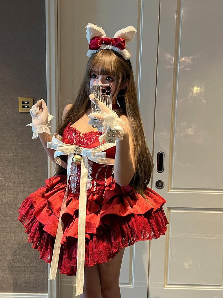 Diamond Sweetheart Red Strapless Zipper Bow Bell Halter Women's Tulle Jsk / Jumper Skirts