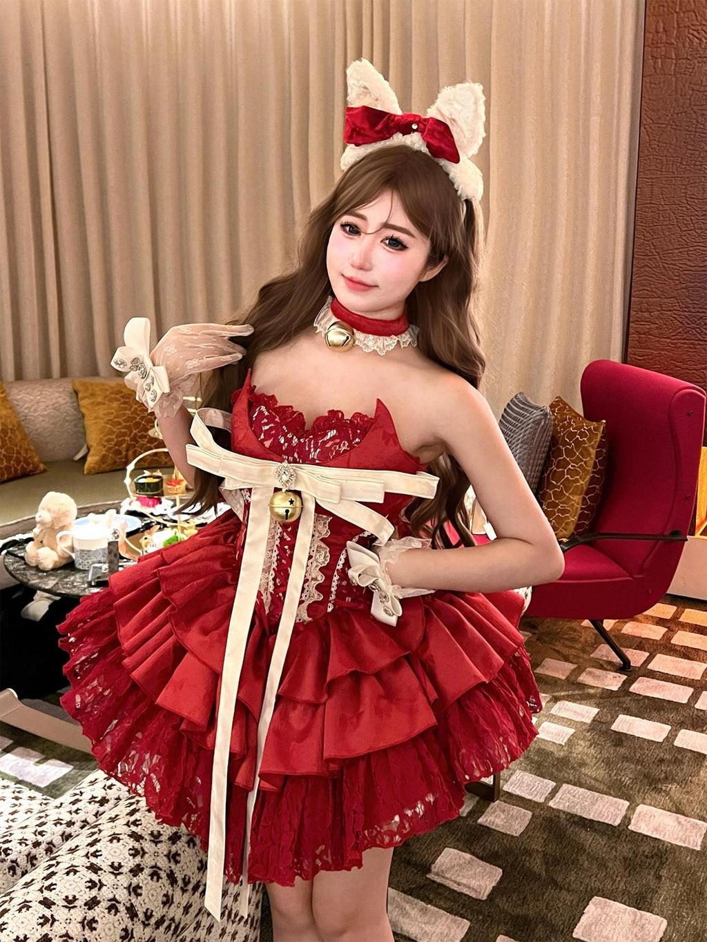 Diamond Sweetheart Red Strapless Zipper Bow Bell Halter Women's Tulle Jsk / Jumper Skirts