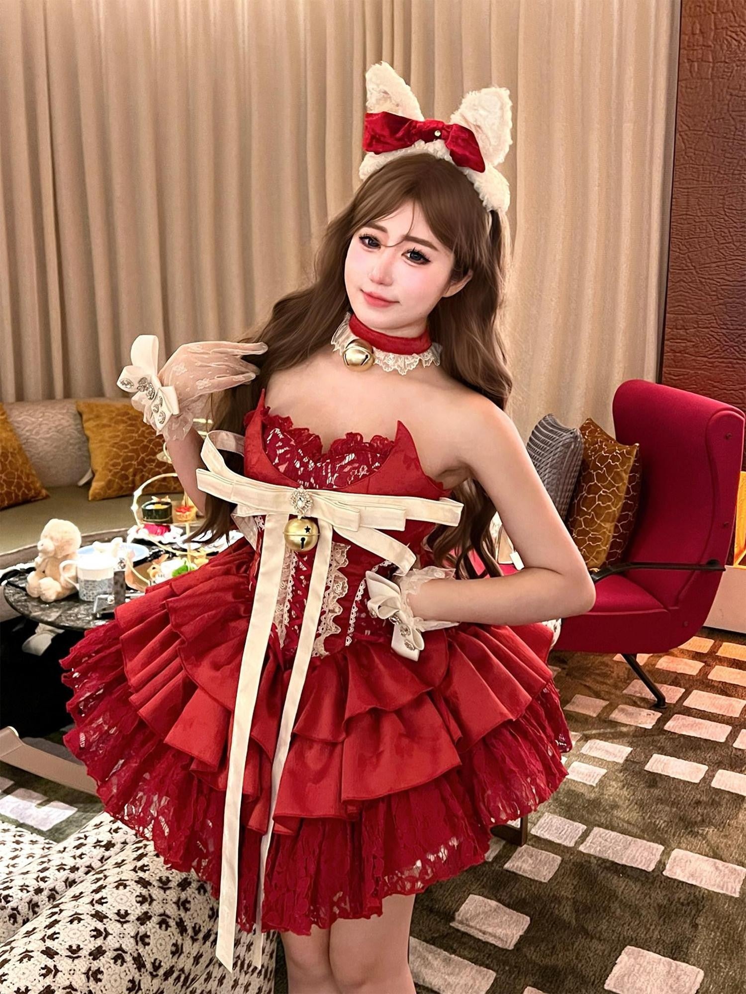 Diamond Sweetheart Red Strapless Zipper Bow Bell Halter Women's Tulle Jsk / Jumper Skirts
