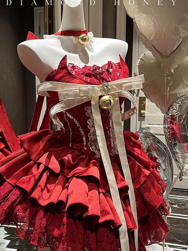 Diamond Sweetheart Red Strapless Zipper Bow Bell Halter Women's Tulle Jsk / Jumper Skirts