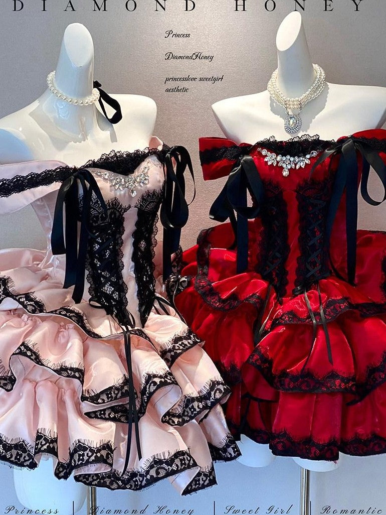 Diamond Sweetheart Romantic Red Lace Bow Train Slimming Women's Jsk / Jumper Skirts